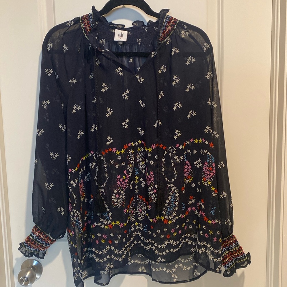 Cabi blue sheer blouse size small with colored flowers
